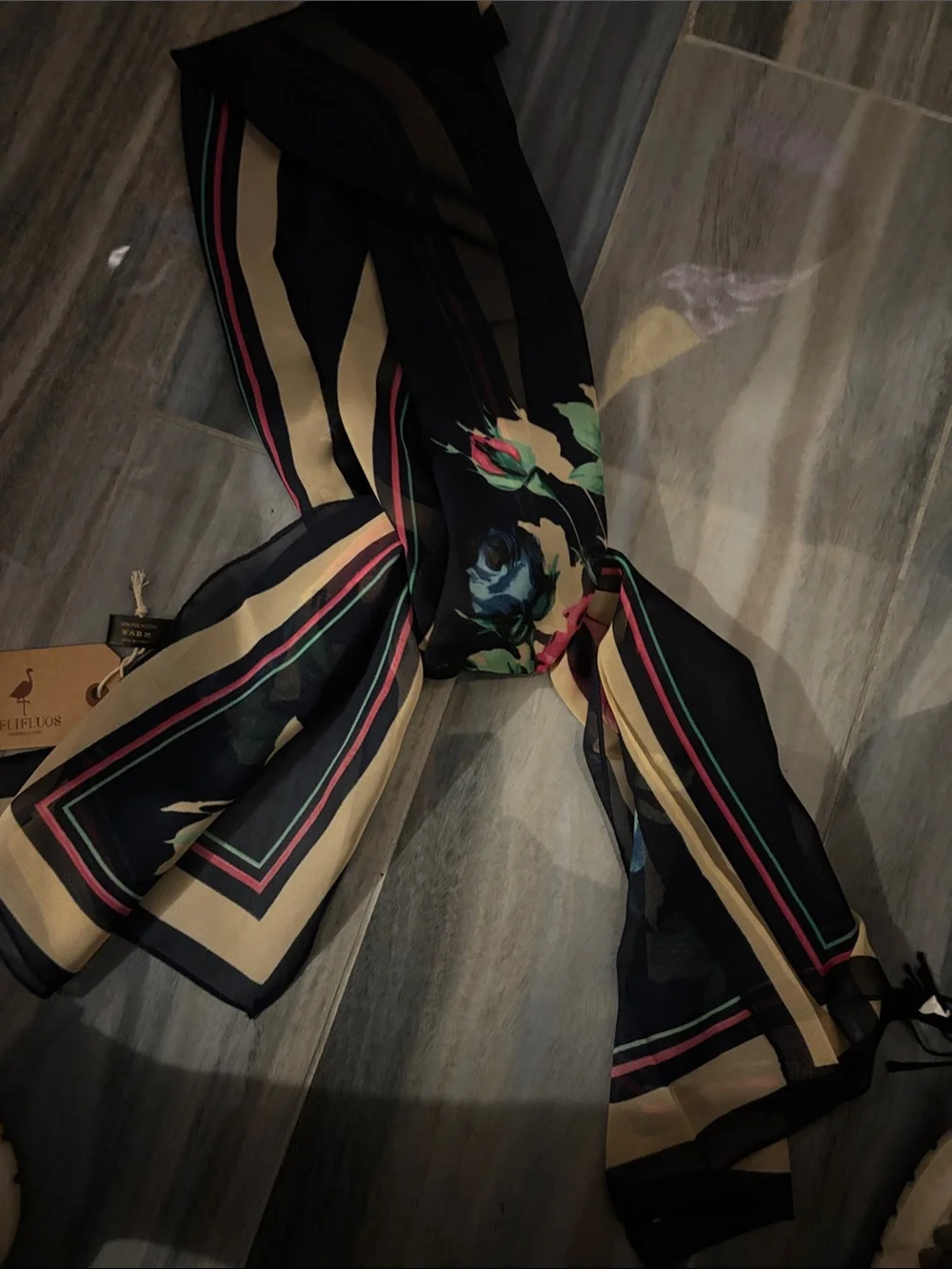Floral Silk-Feel Black Scarf